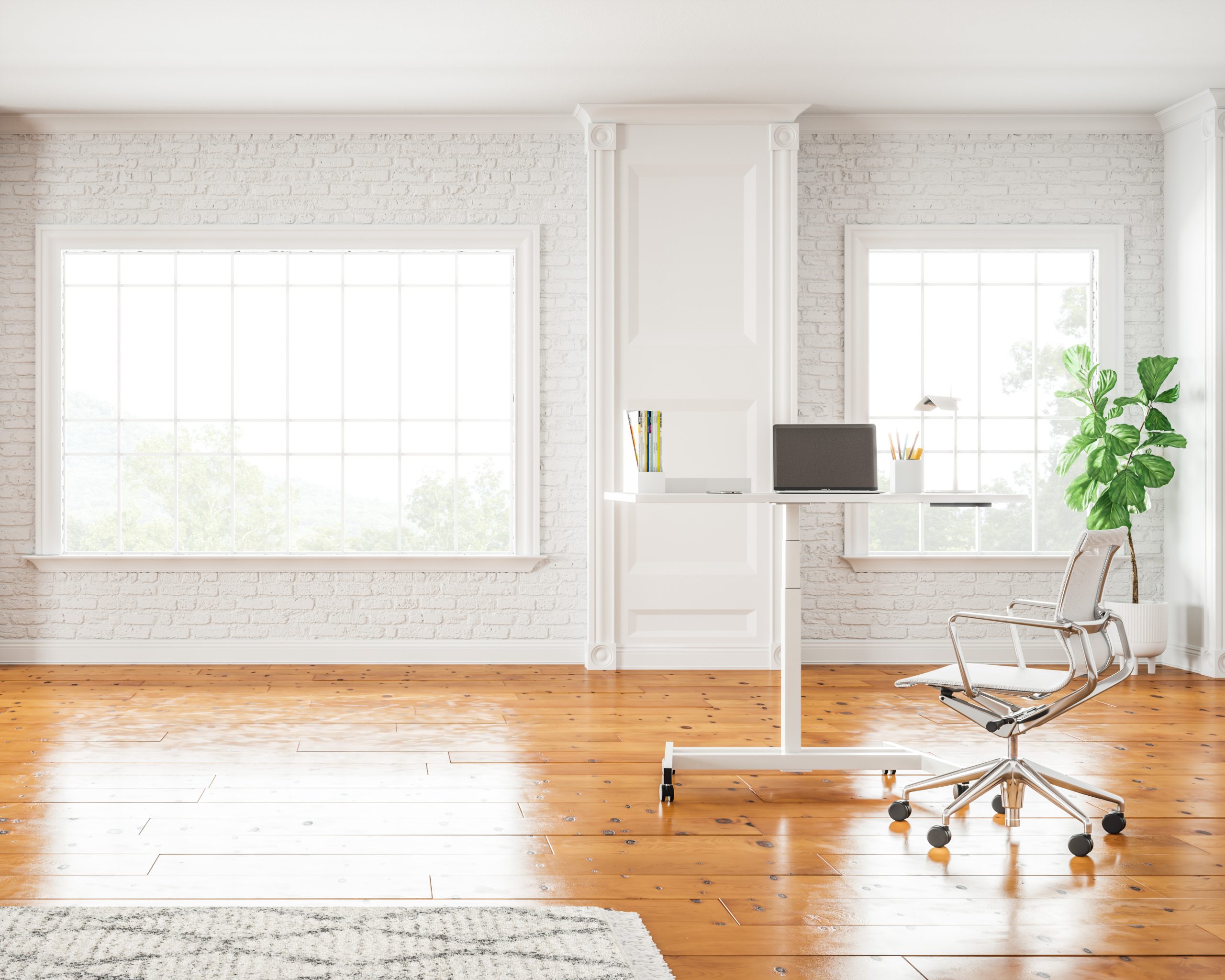 White Ändern standing desk in a bright home office